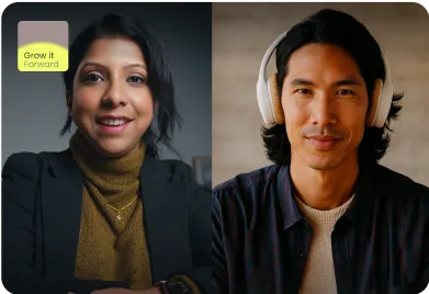 Portraits of a smiling woman and a man wearing white headphones.